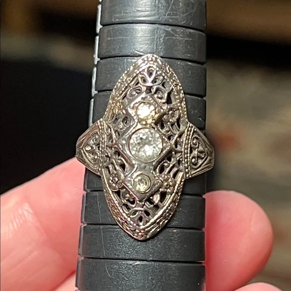 Antique Art Deco Ornate Filigree Sterling Silver Paste Diamond Statement Ring - Picture 3 of 11